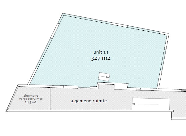Plattegrond van unit 1.1 aan de Fred. Roeskestraat met 327 m² ruimte, algemene ruimte en vergaderruimte van 28,5 m².